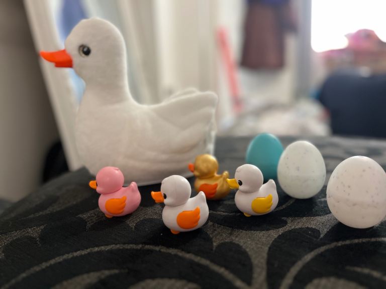 White Flocked Duck Toy with Three Mini Ducklings and Eggs