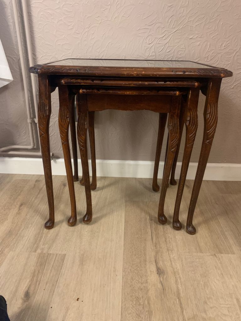 Antique glass top green leather inlay nest of tables 