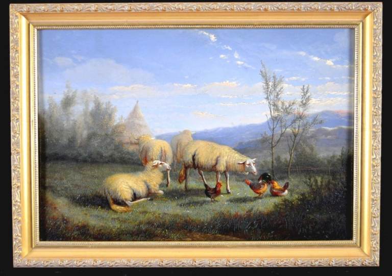 19th CENTURY DUTCH OIL ON PANEL SHEEP & CHICKENS IN A LANDSCAPE ANTIQUE PAINTING