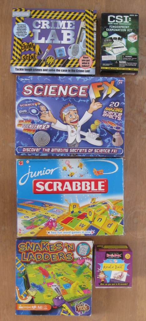 Junior Scrabble, Science Experiments, Crime Lab, Roald Dahl Brain Game.
