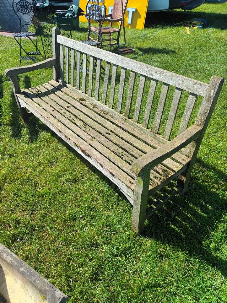 LARGE WEATHERED TEAK BENCH NICE PATINA 