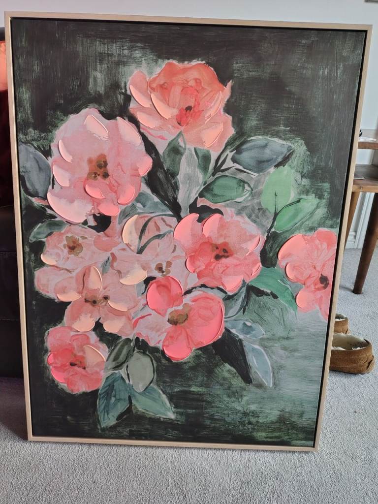 Coral Pink Painted Tropical Floral Framed Wall Art