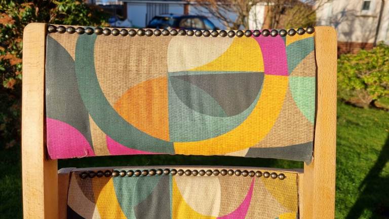 Dining chairs, mid-century / retro. Made in UK, Re-upholstered, stacking hardwood (beech)