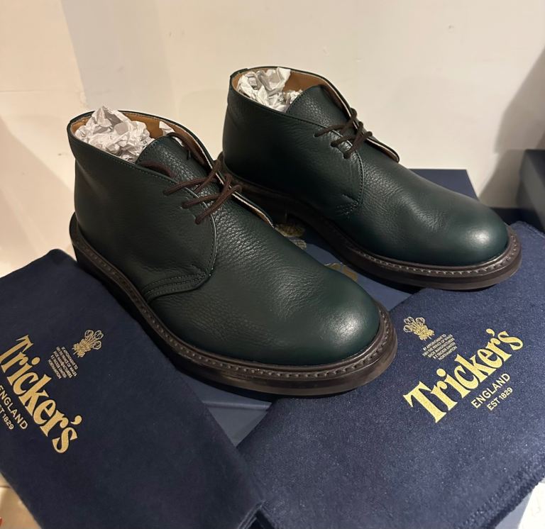 Trickers Winston 965297 Textured Grain Leather Chukka Boots Dark Green Dainite Sole Shoes Size 6.5