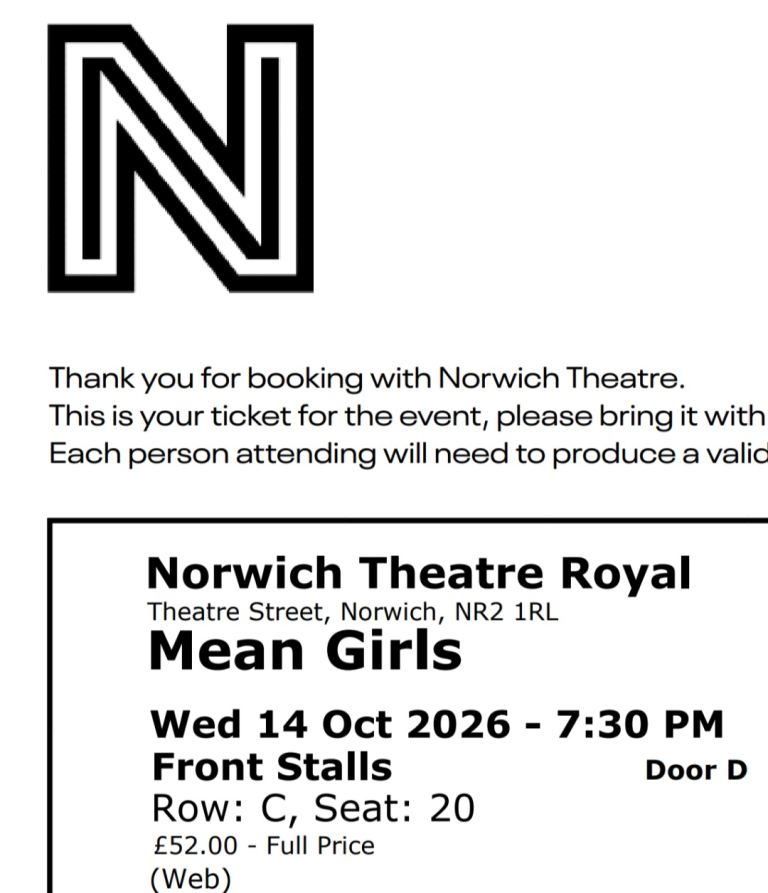 Mean Girls Theatre Ticket Norwich Theatre Royal, Front Stalls