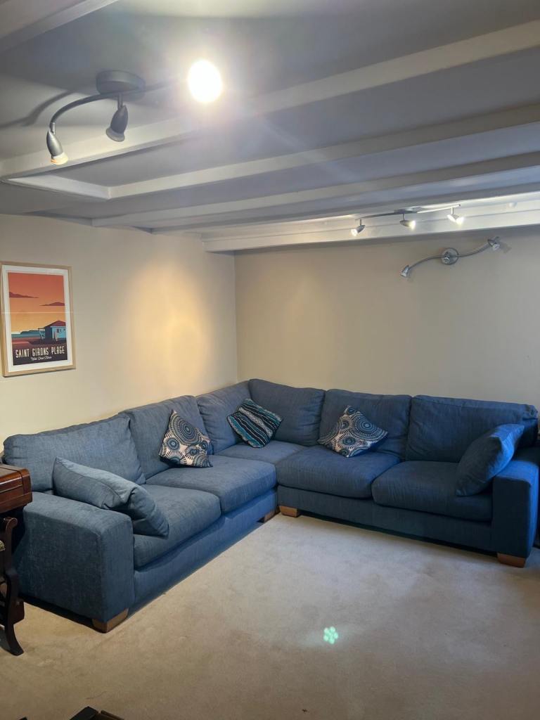 Large Blue Corner Sofa – Good Condition, Fabric