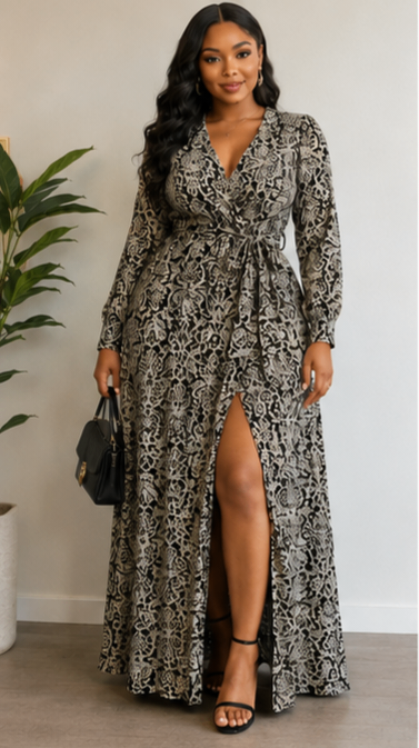 Stylish Women's Snake Print Maxi Dress – Long Sleeve