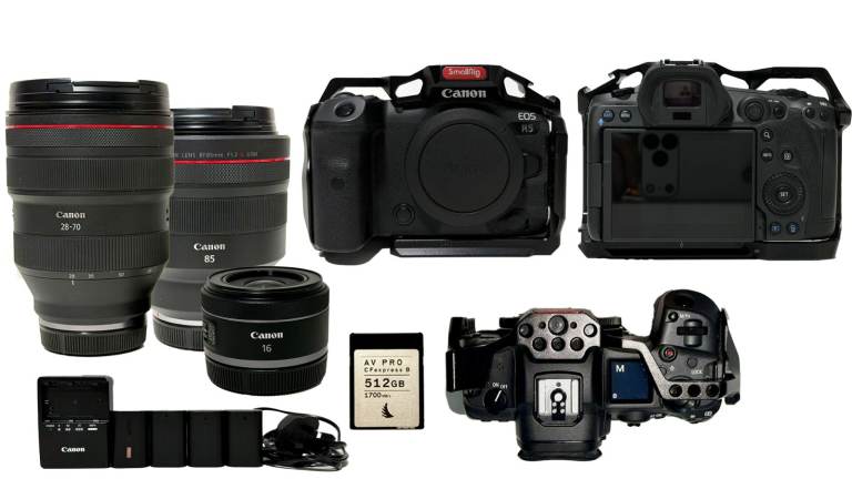 Canon R5 w/ SmallRig Cage + Canon 24-70mm + Canon 85mm + Canon 16mm + 512GB CF Card + Batteries