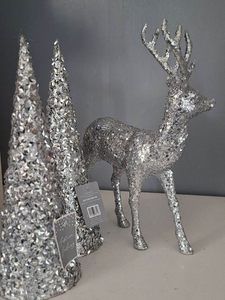 Silver Glitter Christmas Reindeer and Trees Decorations - As Good As New