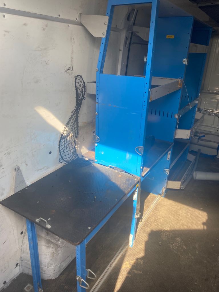 Van Racking Shelving Unit with Workbench – Blue Metal, Good Condition