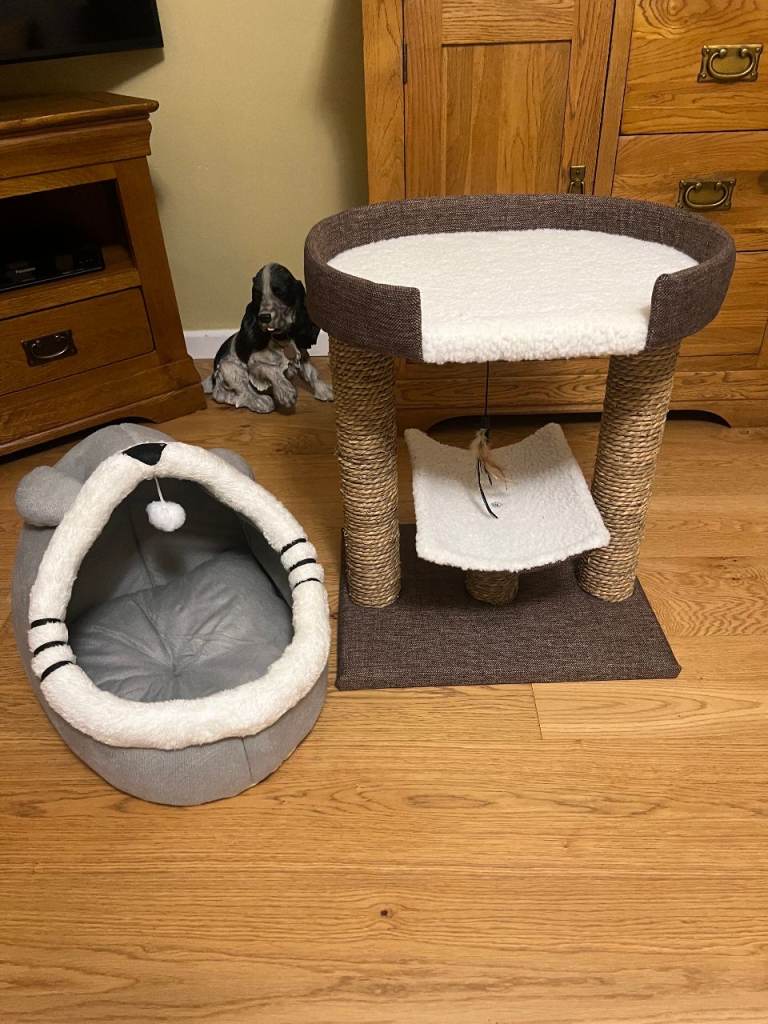 Cat basket and double bed with scratching posts