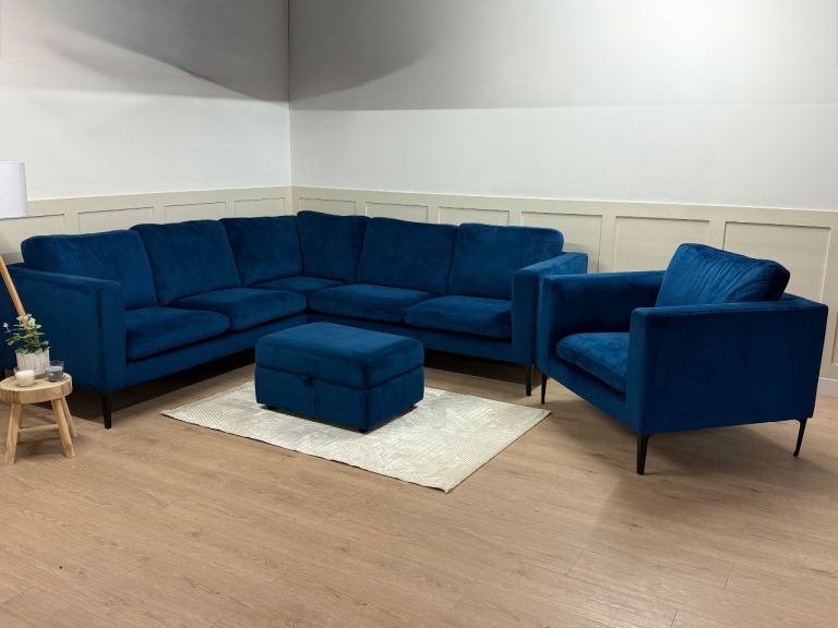 Real Sofa Available to View! Michael O’Connor Blue Velvet L Shape Corner Sofa 