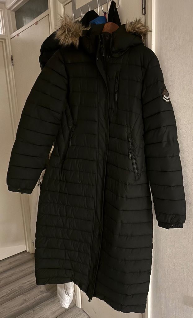 image for Ladies Superdry Black Coat Jacket Size Small 8-10