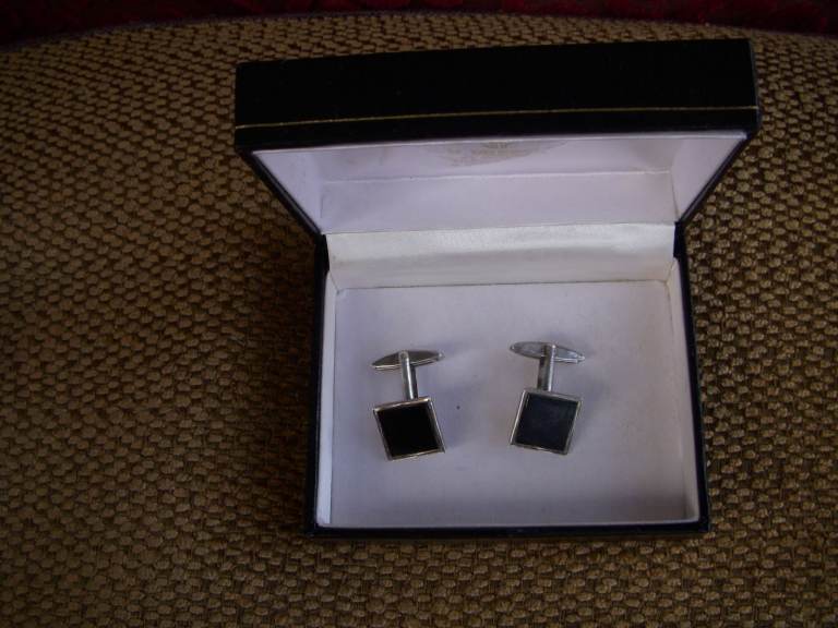 Vintage Mid Century Modern Sterling Silver Gilt and Onyx Cufflinks