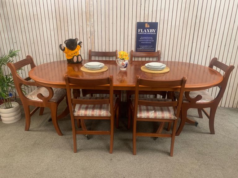 Vintage Yew Wood Veneer Extending Dining Table & 6 Chairs Set | Twin Pedestal Regency