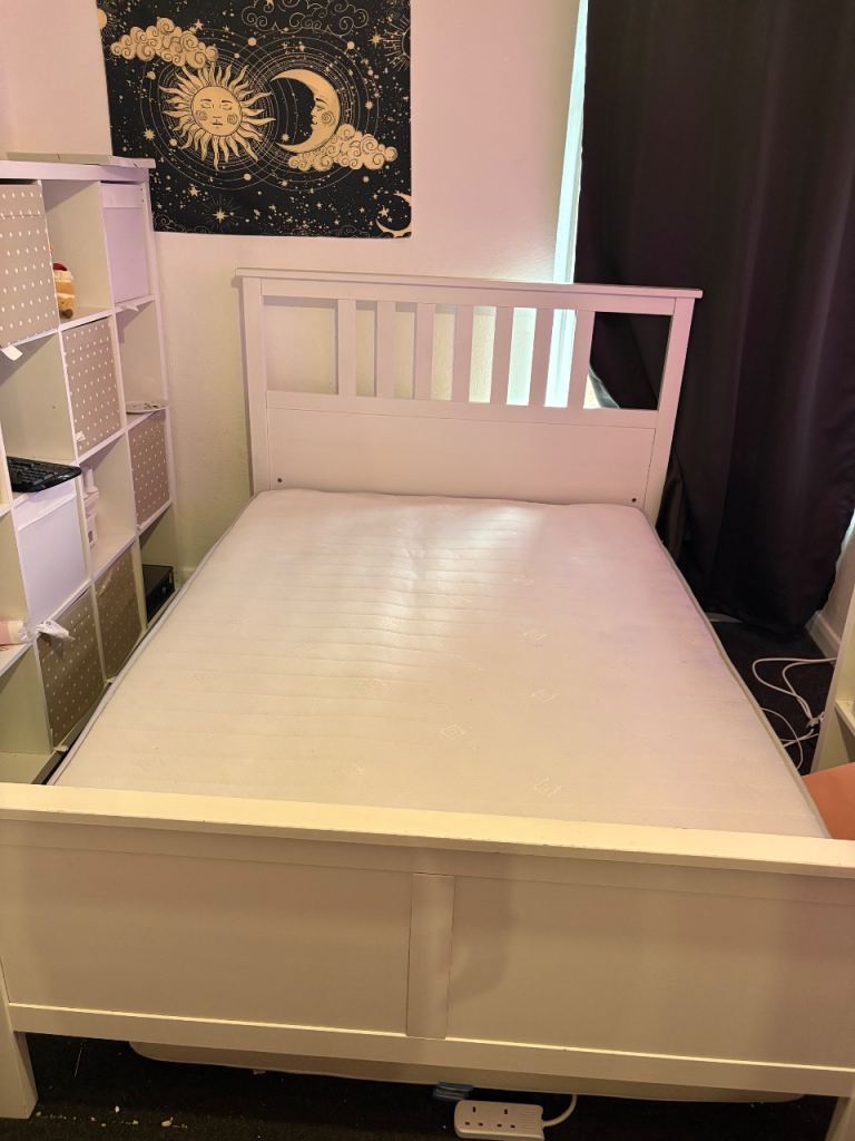 White Double Bed Frame with Slats – Good Condition