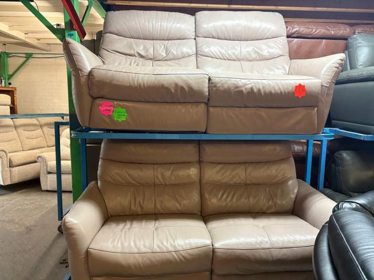 Furniture Village Full Leather Beige 3 and 2 Seater Electric Recliner Sofas