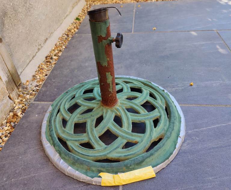 Cast Iron Parasol Base - Green, Well-Used Condition