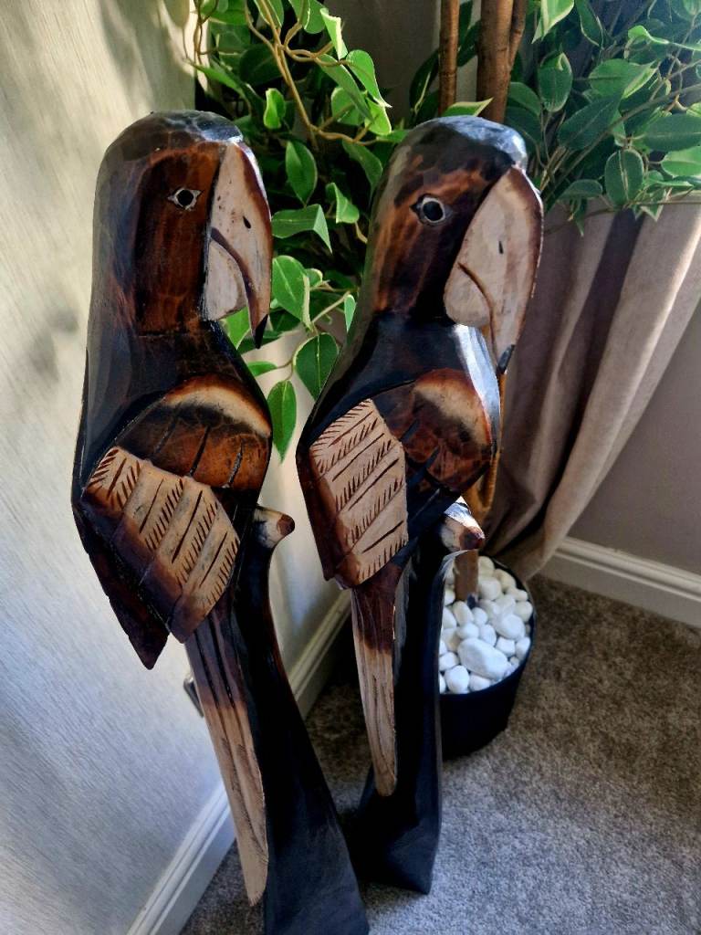 Pair of Hand-Carved Wooden Parrot Sculptures 