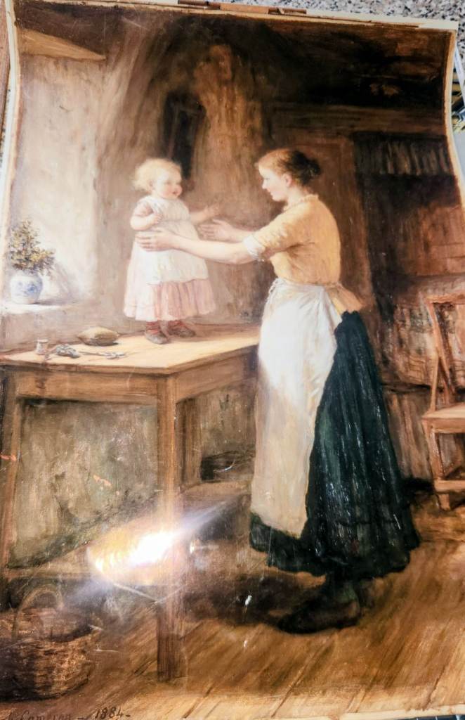 LARGE PHOTOGRAPHS OF PRINTS OF MOTHER & CHILD x 2 PLUS A VERY EARLY 1920'S GLASGOW SNOW SCENE