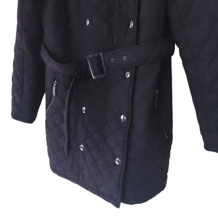 Black Quilted Trench Coat With Belt And Double Breasted Button Closure Size 14