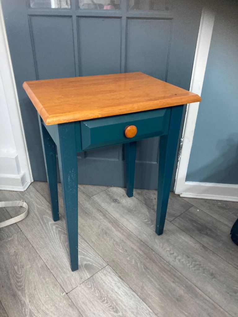 Small Wooden Side Table with Drawer – Teal and Oak Top