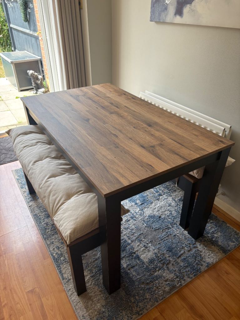 NEXT Dark Bronx 4 Seater Dining Table & Bench Set,  2 Cushions, Table Protector