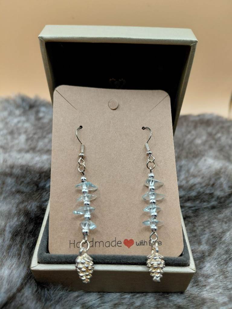 NEW Pine Fir Cone Clear Blue Faux Quartz Winter Silver Tone Earrings Gemstone