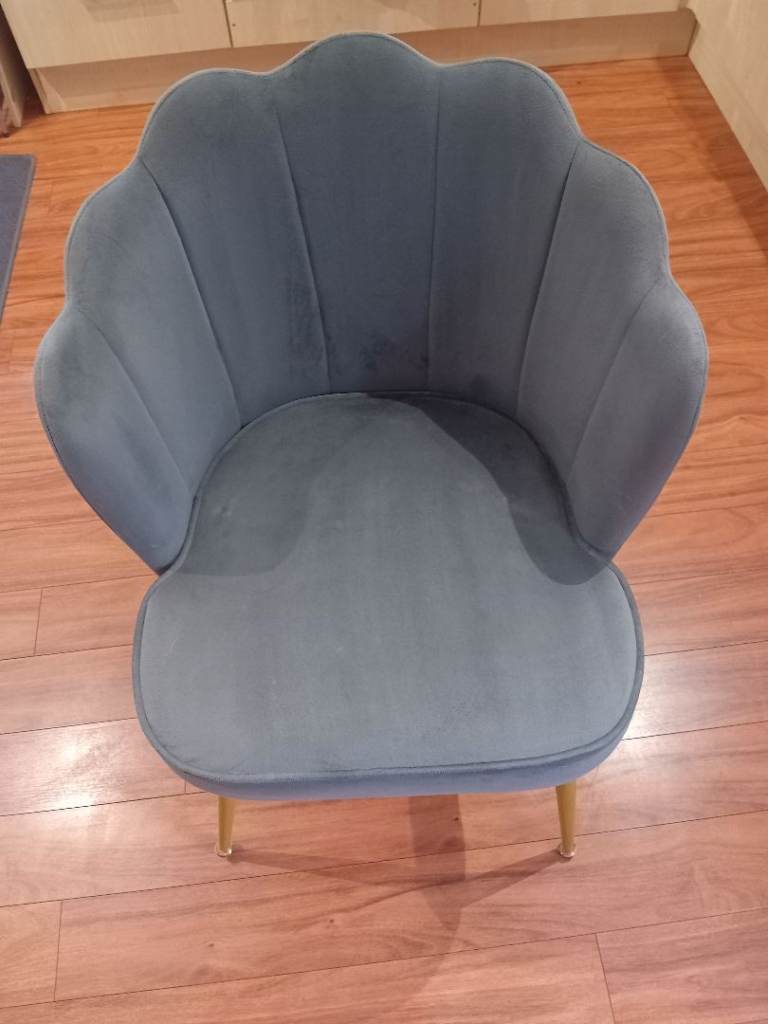 Lovely Grey-Blue Velvet Scalloped Chair with Gold Legs – As New