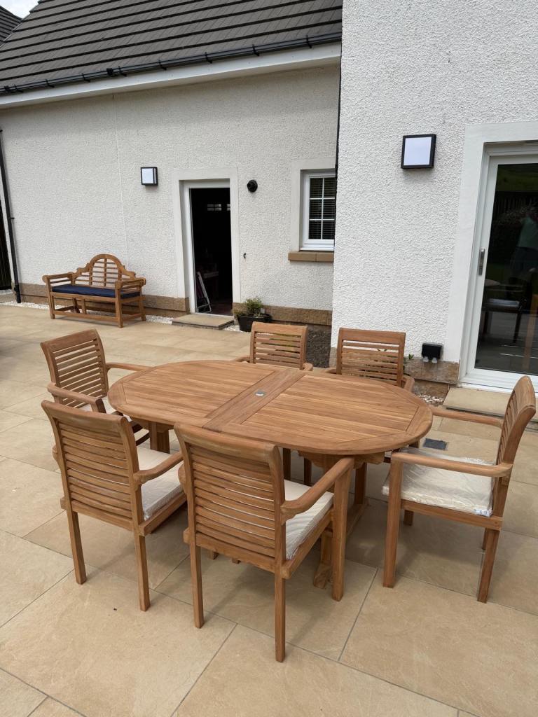 Solid Teak Garden Dining Set with Extendable Oval Table and 6 Chairs