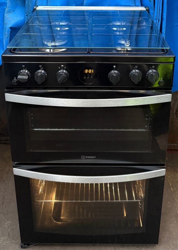Indesit ID67GOMCB 60cm Double Oven Gas Cooker - Black 