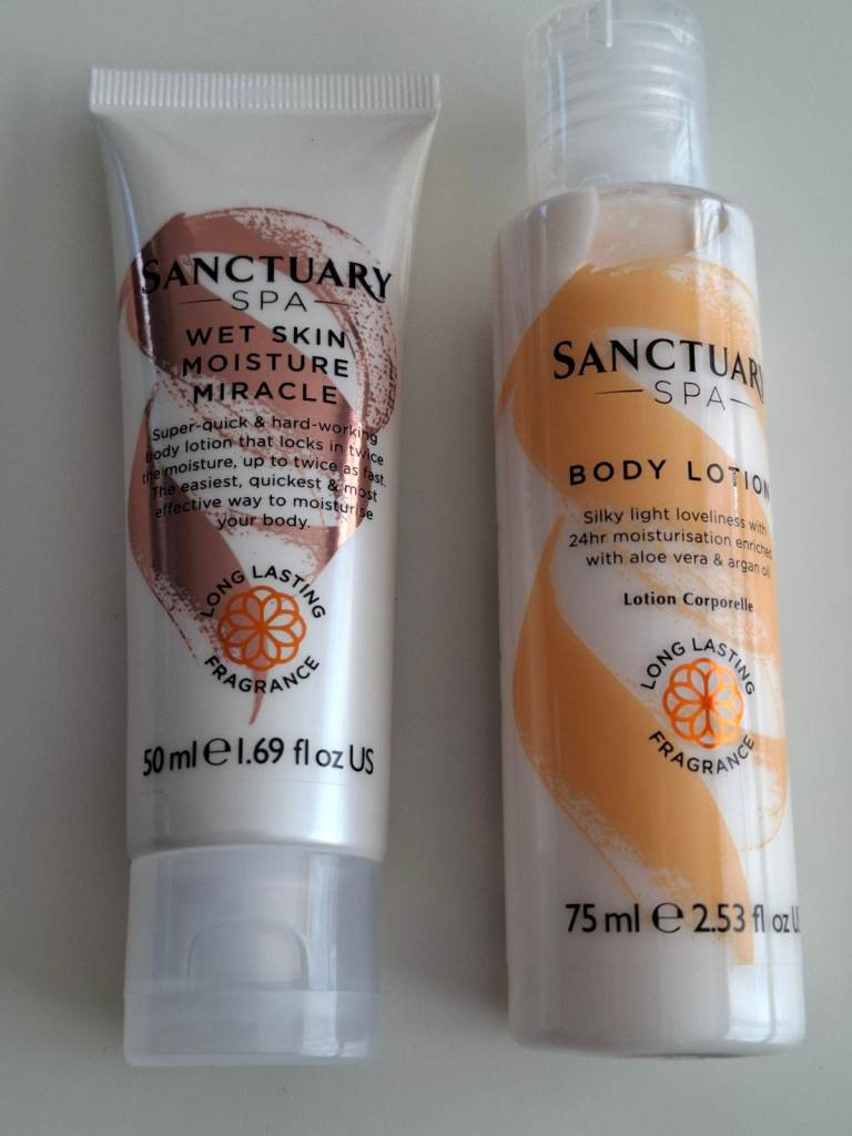 Sanctuary Spa – Mini Body Lotion 75 ml + Wet Skin Moisture Miracle 50 ml, New Unused.