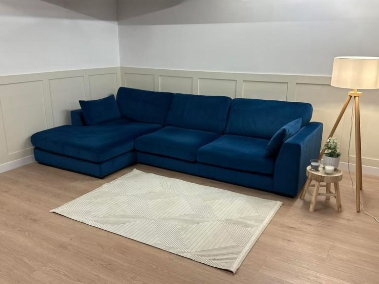DFS Calix in Blue Velvet Corner Sofa with Matching Footstool 