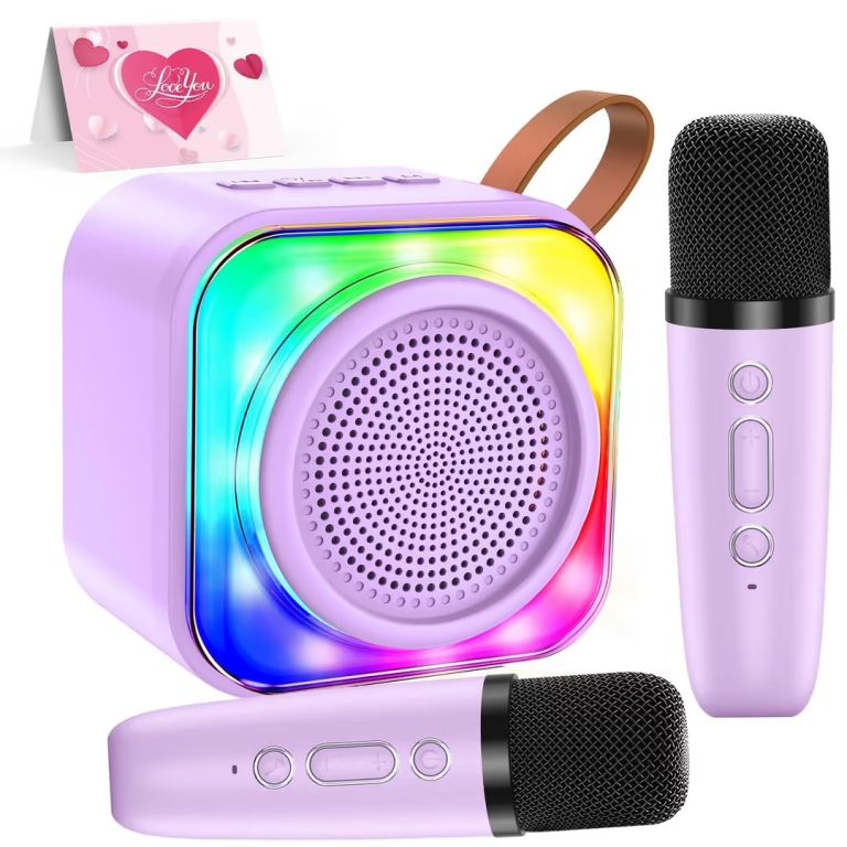 Karaoke Machine Portable Bluetooth Speaker with 2 Wireless Microphones, Voice Changing Effects & LED