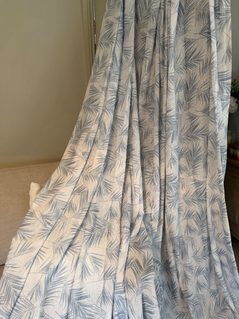 New John Lewis photo shoot triple pleat voile curtains blue palm design