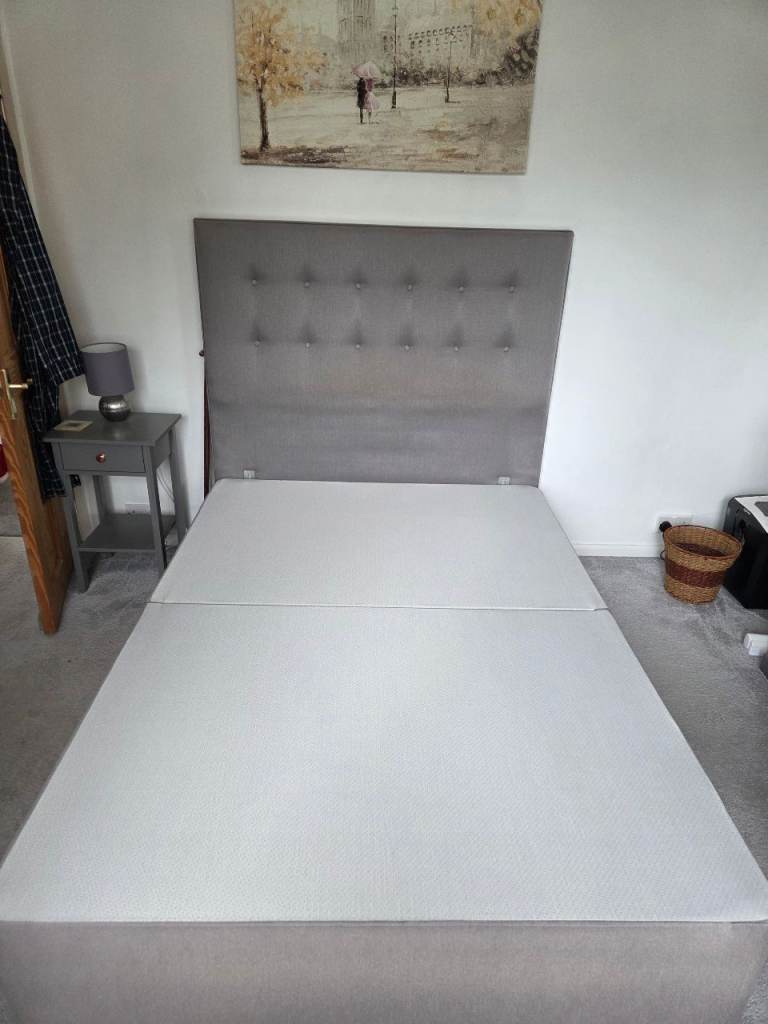 Grey Fabric Double Bed with Headboard – Good Condition