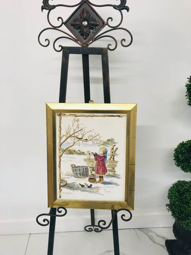 Framed Cross-Stitch Needlework – Winter Scene with Girl & Birds – Dated 2003