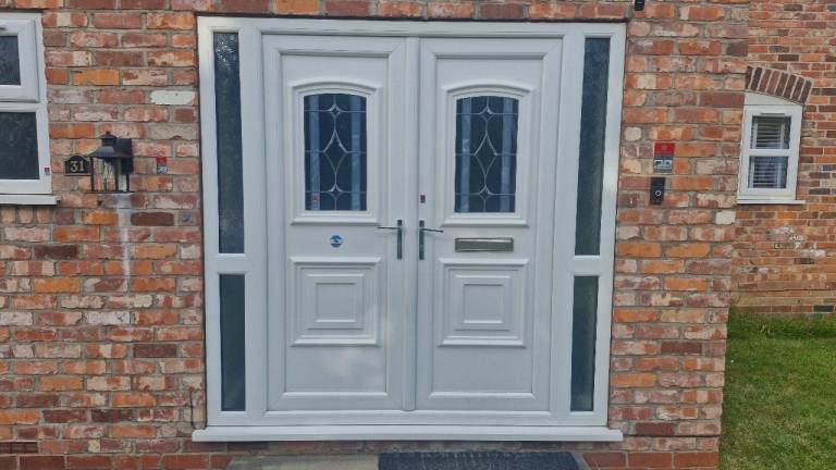 Large White uPVC Double Front Door with Matching Side Panels (210cm x 207cm)