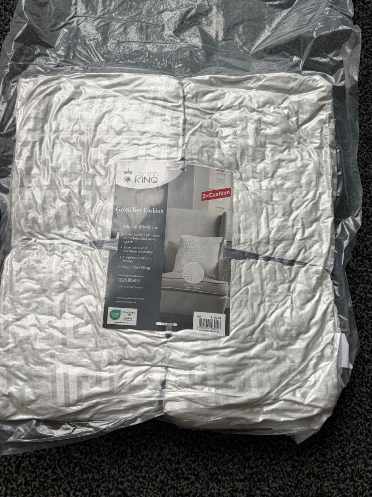 COTTON KING Greek Key Cushion Pair - Grey, New