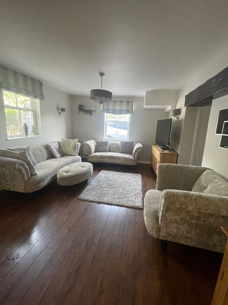 Beautiful four seater, two seater, love seat and footstool in light grey and pale blue