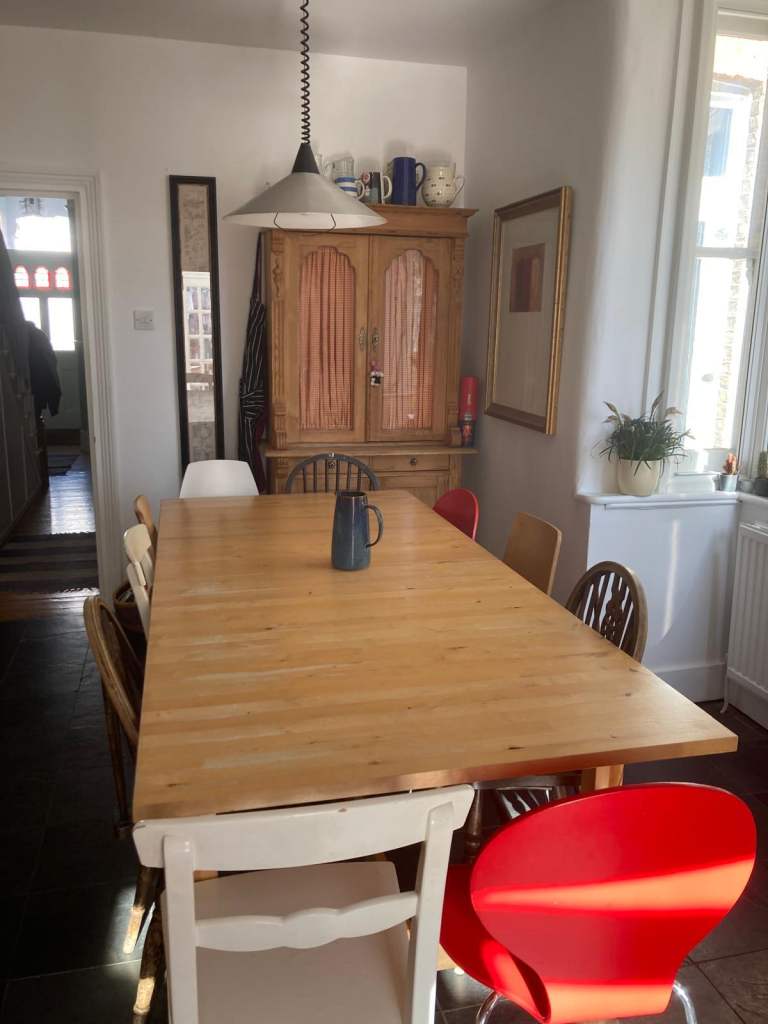 IKEA birch veneer 8-10 seater dining table, extends to comfortably seat 12. 