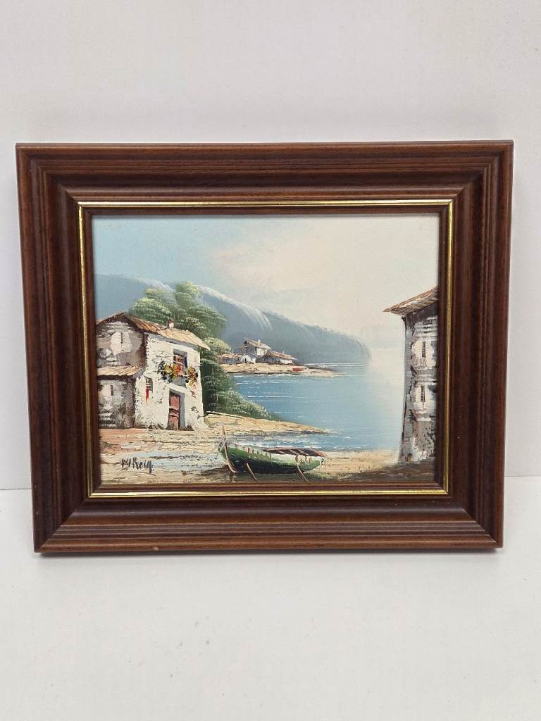 ​Vintage Signed Mediterranean Coastal Village Landscape Framed Oil Painting
