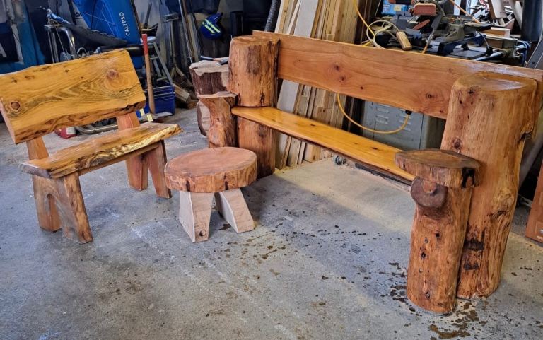2 wooden benches and stool, 2 lined planters