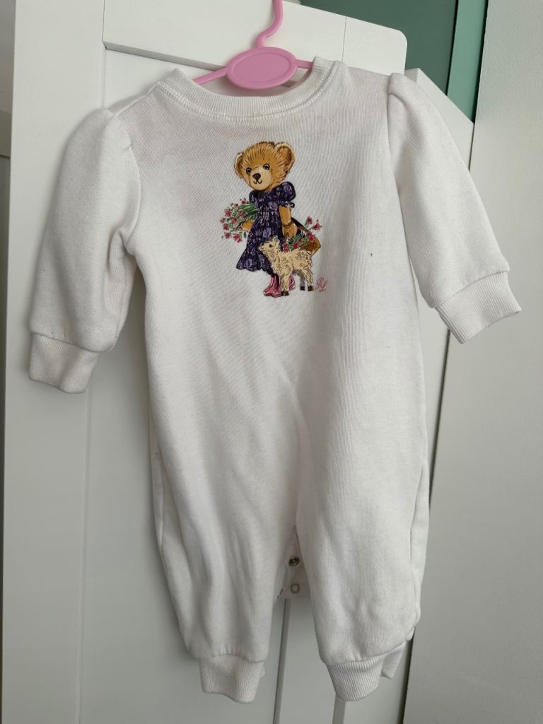 Girls' White Cotton Baby Grow with Bear Print (0-3 Months)