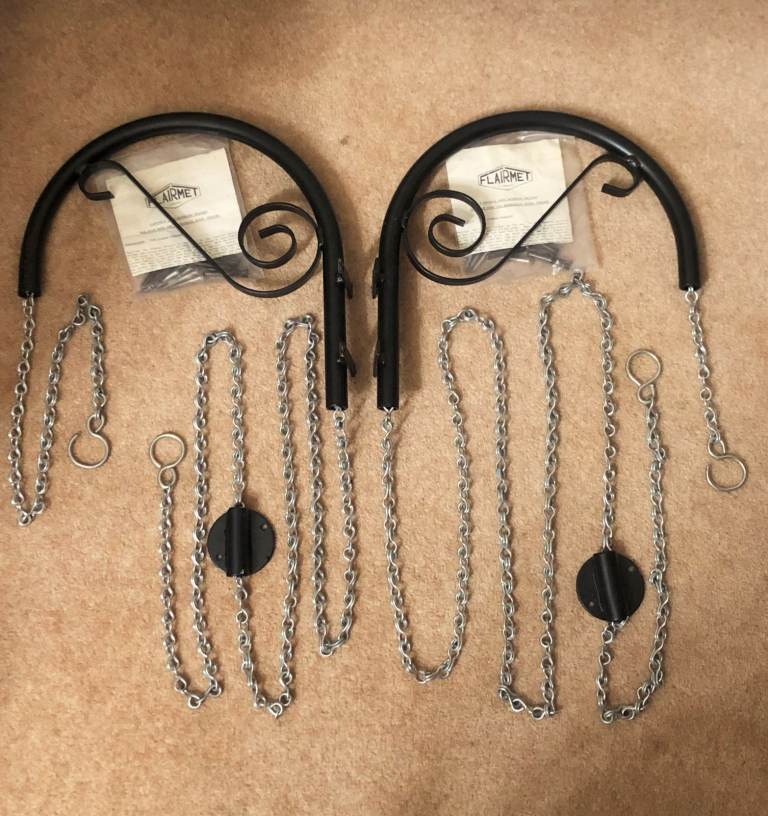 Vintage Wrought Iron Easy Watering Hanging Plant Basket Brackets x 2