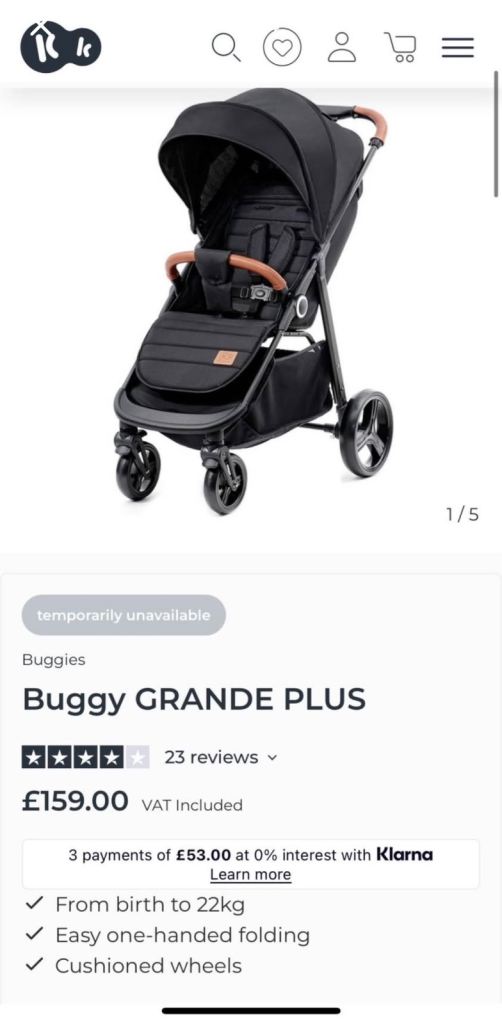 Kinderkraft grande plus grey, black and tan pushchair & spare frame