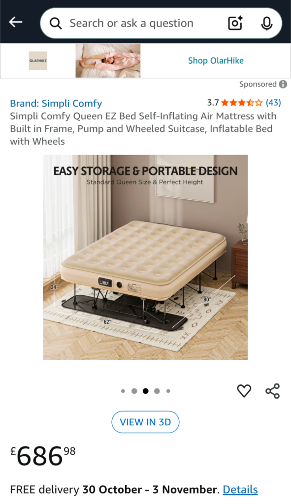 EZE inflatable Double bed that folds away into it's own Case Amazing 