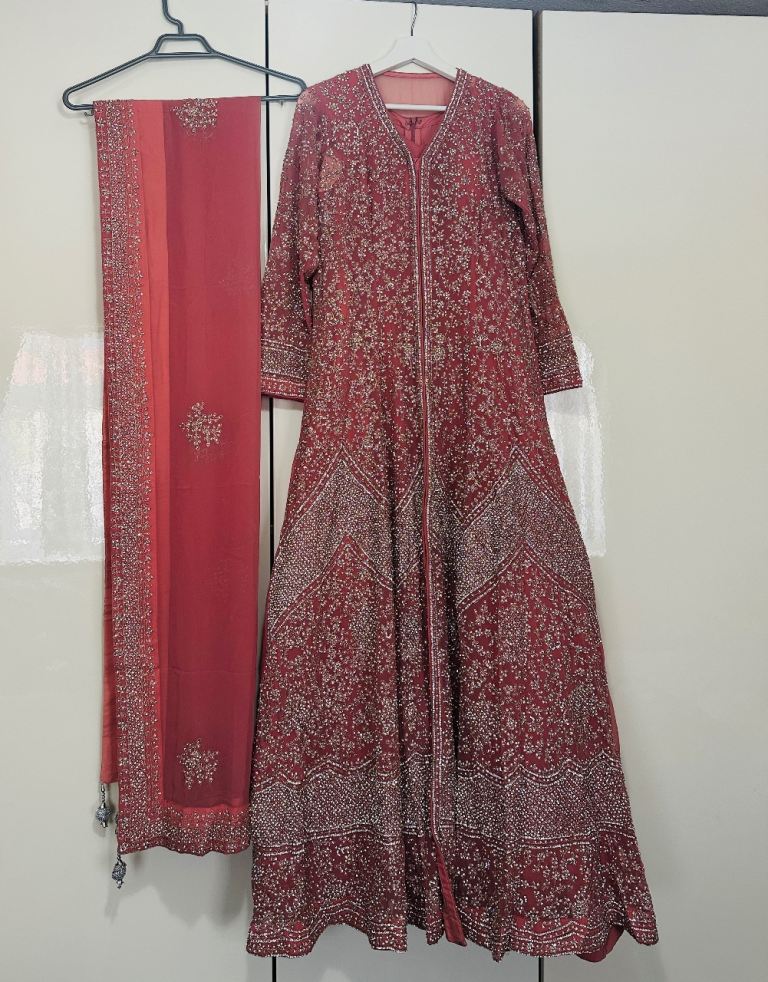 Red Embroidered Dress with Shawl – Good Condition