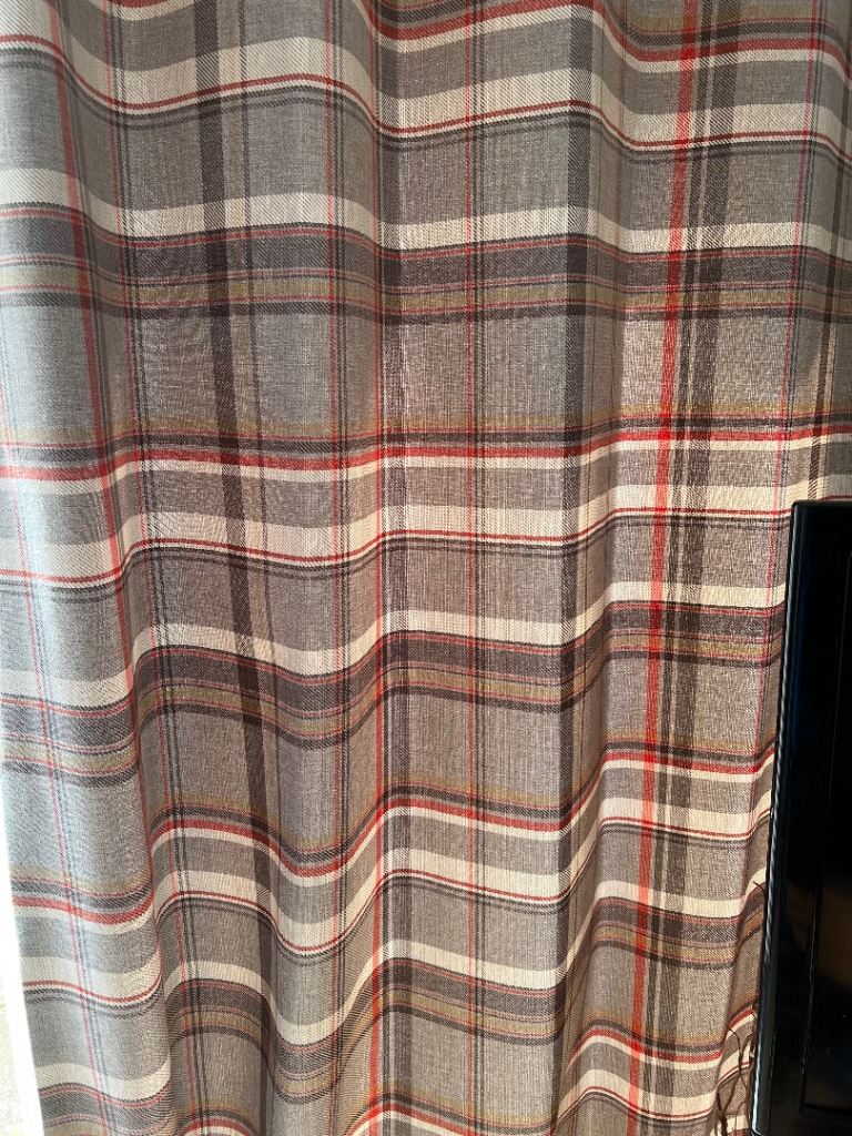 Dunelm brown check curtains and 2 matching scatter cushions