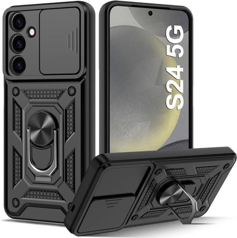 Case Cover for Samsung Galaxy S24 5G, with Ring Kickstand & Slide Camera Shockproof Silicone